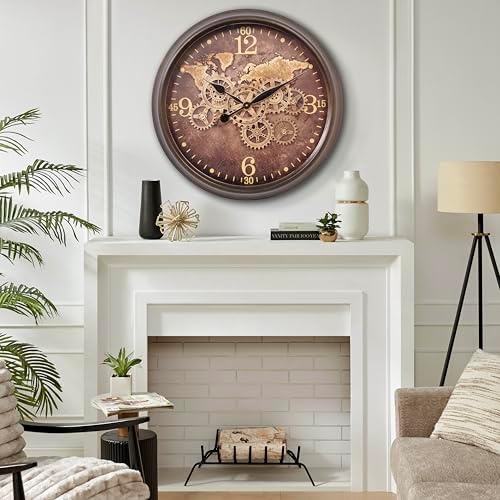 CLXEAST 24 Inch Moving Gear Wall Clock for Living Room,World Map Design - Image 4