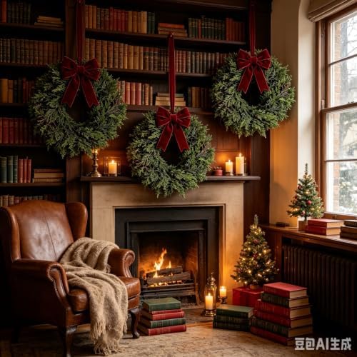 6 Pcs Small Christmas Hanging Wreaths with Artificial Cedar Pine Greenery Burgundy Dark Red Velvet Ribbon Mini Front Door Wreath for Porch Window Cabinet Wall Farmhouse Christmas Winter Holiday Decor - Image 2