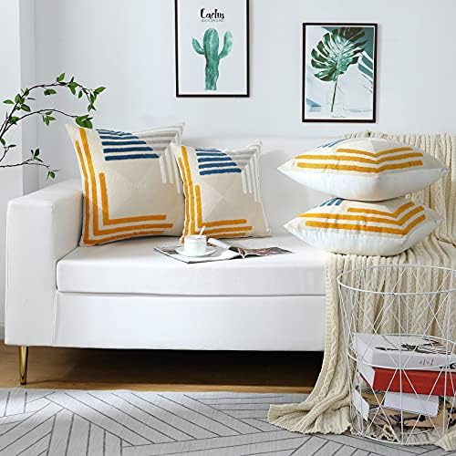 Yellow Blue Modern Tufted Embroidered Pillow Covers 16x16 Set of 2 - Image 7
