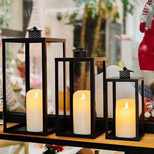 HPC Decor Black Metal Candle Lanterns Set of 3- Lanterns Decorative w/Flickering Timer Candles- 16.5'' 13'' 10'' Chunky Large Modern Farmhouse Candle Lanterns for Indoor, Outdoor, Tabletop (No Glass) - Image 4