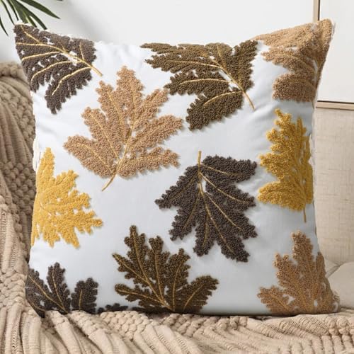 Set of 2 Embroidered Decorative Throw Pillow Covers Couch Square Pillowcases Cushion for Bedroom Sofa Farmhouse Decor 18x18 Inch (Yellow Maple Leaf) - Image 3