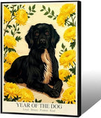 Chinese Lunar Year Of The Dog Wall Art - Black Dog & Yellow Chrysanthemum Canvas Print for Home Decor - Loyal Honest Prudent Kind Theme 12X18 in Black Framed by Unknown