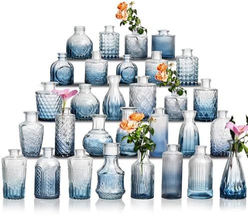 Glass Bud Vase Set of 30 - Small Vases for Flowers in Bulk - Assorted Vintage Crystal Vases for Flowers, Table Centerpieces (Blue, 30 Pcs) by Ulodimi
