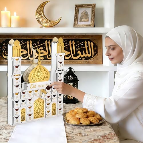 Ramadan Advent Calendar with 30 Drawers Lighted Wooden Eid Mubarak Mosque Countdown Calendar Fillable Large Ramadan Dates Gift Box for Islamic Muslim Home Table Decoration Family Party Supplies - Image 5