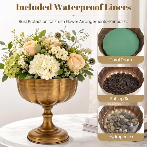 Gold Vases for Centerpieces Tables, Tall Metal Flower Urn Pedestal Vase Compote Bowl with Plastic Liners, Vintage Floral Arrangement Pots for Wedding Table Decor - Image 3