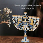 Matashi Hand Painted Blue and Ivory Regal Lion Menorah Candelabra - Image 2