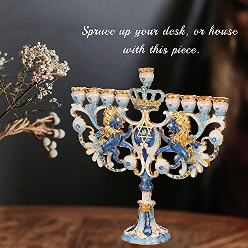 Matashi Hand Painted Blue and Ivory Regal Lion Menorah Candelabra - Image 2