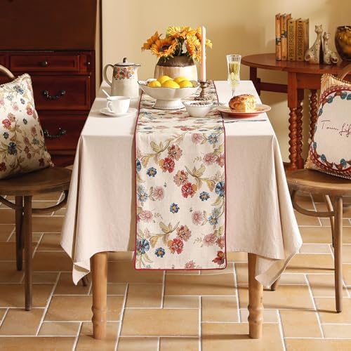 patdrea Designer Farmhouse Linen Thick Table Runner, Rustic Cottage Beige with Floral Pattern Fabric Table Mat, Decoration for Kitchen Dining Coffee Table Banquet Christmas , 12"*102" - Image 6