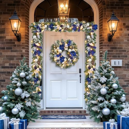 Pre-Lit Christmas Garland with Christmas Tree Icon Ribbon and Magnolia, 25 LED Lights with Timer, 6ft Lighted Silver Blue Garland for Front Door, Mantel, Holiday Decoration,Magnolia Winter Decor - Image 4