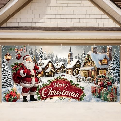 Santa's Christmas Town Banner 16x7 Ft - Jolly Santa with Village Scene and Merry Christmas for Double Car Garage Display - Image 2