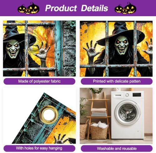 7x16FT Halloween Window Witch Garage Door Banner Skeleton Witch Happy Hallowen Garage Door Cover Decoration for Hallowen Decoration - Image 3