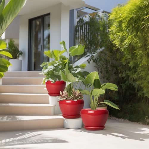 Ceramic Plant Pots, 10+8+6 Inch Ceramic Planters, Bright Red - Image 7