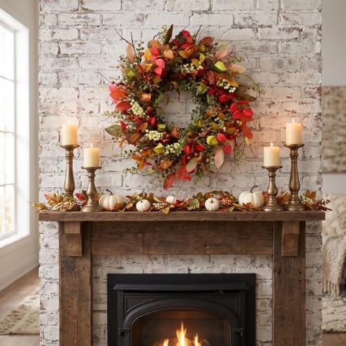 22" Berry Branches Fall Wreath with Colorful Mixed Leaves, Flowers & Twigs - Image 7