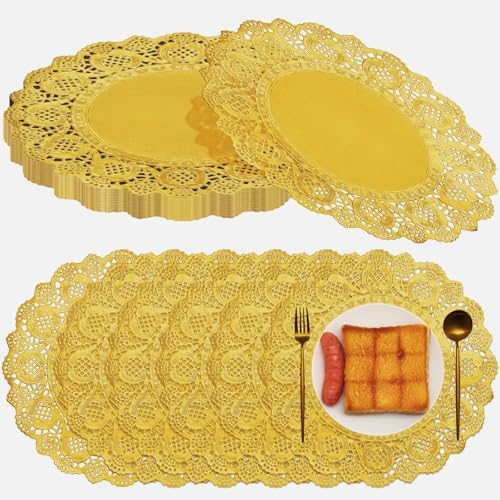 Gueevin 200 Pcs Gold Paper Placemats Disposable Lace Round Paper Placemats Decorative Disposable Placemat Doilies for Dining Wedding Table Decoration Festive Party Birthday Holiday (Gold,12 Inch) by Gueevin