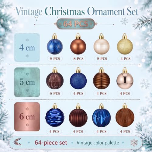 Lunmon 64 Pcs Vintage Christmas Ornament Royal Blue Bronze Champagne Gold - Image 3