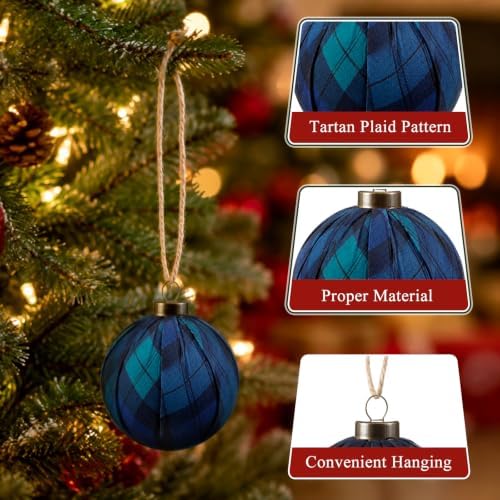 Hollowfly 24 Pcs 2.36 Inch Christmas Tartan Plaid Ball Ornaments Vintage Large Buffalo Plaid Balls Christmas Tree Hanging Ornament Rustic Ball Pendant Hanging Decor for Xmas Tree Party (Black) - Image 3
