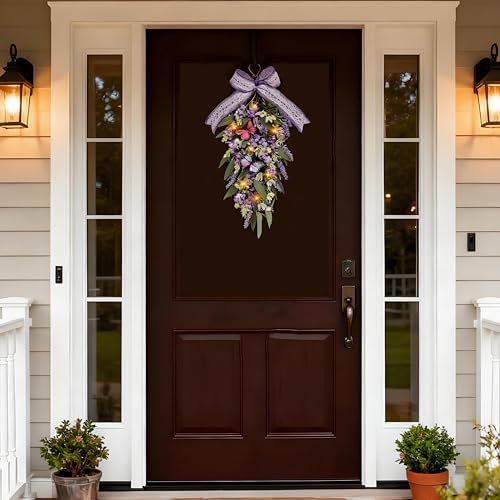 Jusdreen 23.6" LED Teardrop Wreath, Faux Lavender & Butterflies, Farmhouse - Image 6