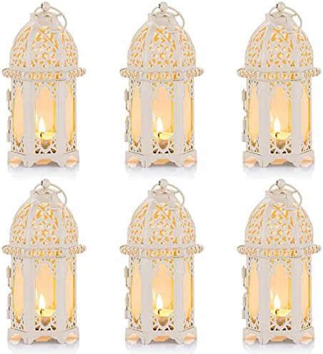 NUPTIO 6 Pcs Moroccan Style Candle Lantern - Small Sized Tealight Candle Holder with Transparent Glass Panels Great for Patio, Indoors/Outdoors, Events, Parties and Weddings, White by Nuptio