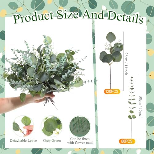 Tigeen 200 Pcs Artificial Eucalyptus Stems, 2 Styles Faux Greenery, Green - Image 2