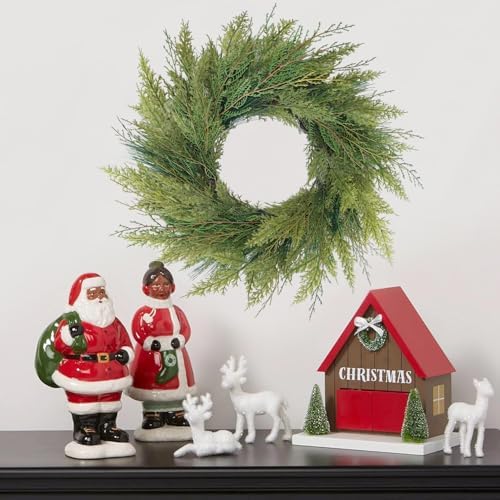 20” Green Faux Norfolk Pine Christmas Winter Wreath – Mixed with Real Touch Fake Cypress, Cedar & Spruce, Xmas Wreaths for Front Door Porch Mantel & Fireplace - Image 3