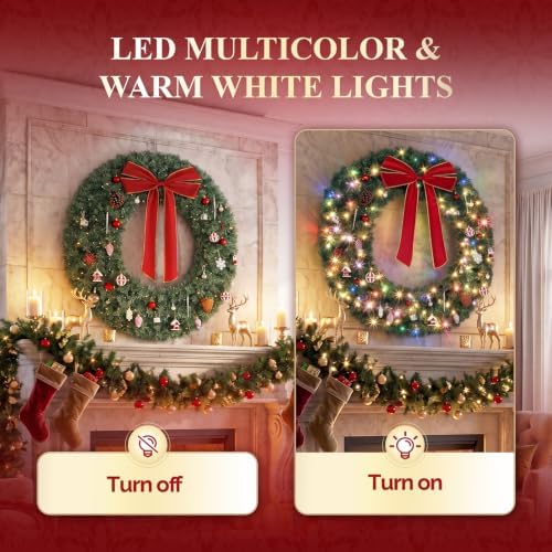 VINGLI 48 Inch Pre Lit Christmas Wreath with Colorful Light, Remote Control - Image 3
