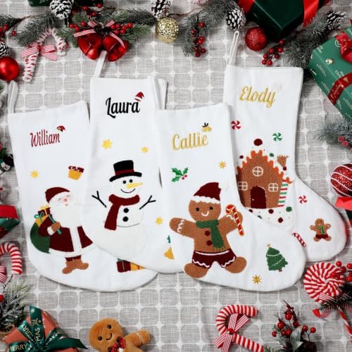 Personalized Christmas Stockings with Embroidered Name,White Canvas Stockings with Chenille Embroidered Santa Claus,Snowman or Gingerbread Man Pattern for Family & Holiday Decor(4 Pack) - Image 6