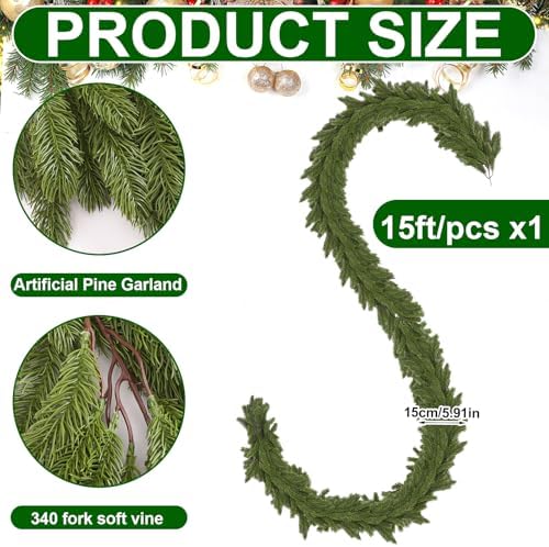Lyrow 1 Pcs 15 ft Deluxe Thick Christmas Pine Garland Faux Greenery Garland - Image 2