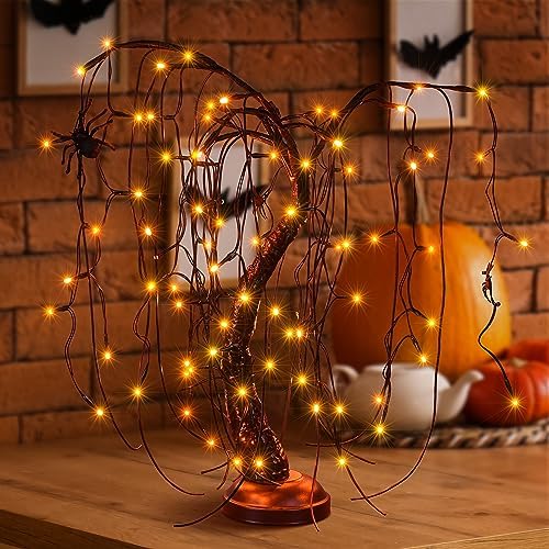 24Inch Halloween Lighted Willow Tree Bonsai Light 80 Orange LED Lights Table Top Lamp Artificial Tree Desk Decor with 4 Spiders Adapter Plug in/Battery Powered for Christmas Nativity Decoration by SPIRITSTARCHRISTMASCENTER