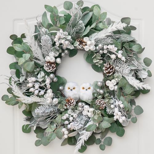 Winter Wreath for Front Door, 24 Inch Christmas Wreath with Owl Decor, Pine Cones, and Evergreen Greenery, Festive Winter Door Decor, Artificial Holiday Farmhouse Rustic Wreath - Image 6