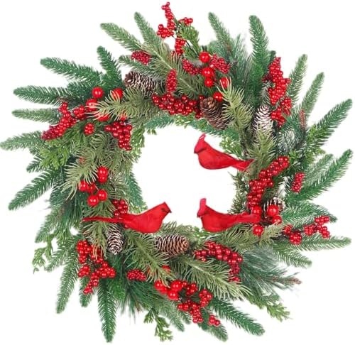 LOKEISNA Christmas Wreaths for Front Door - 22" Christmas Wreath with Cardinal, Handmade Door Wreath for Window, Xmas Winter Gift Home Décor by LOKEISNA