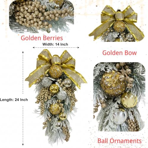 24 Inch Lighted Christmas Teardrop Wreath with Timer and Ornaments - Image 3