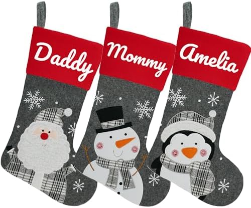 Set of 3, 18" Dia Personalized Gray Christmas Stockings with Embroidery Names, with Holders,Quality Thick Fleece Material Stockings for Family Décor(Set of 3-D) by YourBestMemory