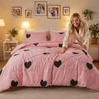 Caressma Pink Comforter Set Twin Size Black Heart Set 2pcs with Pillowsham - Image 2