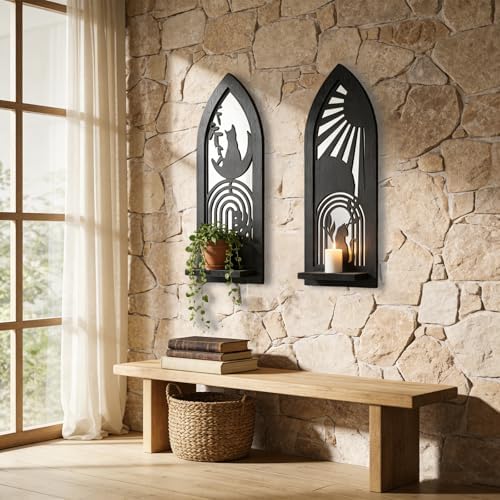 ZEXUIRU 2 Set Rustic Candle Sconces Living Room Bedroom Entryway Wood Mirrored, Farmhouse, Carved Frame Wall-Mount Wooden Candle Holders Wall Decor Hanging Handmade Holder - Black - Image 2
