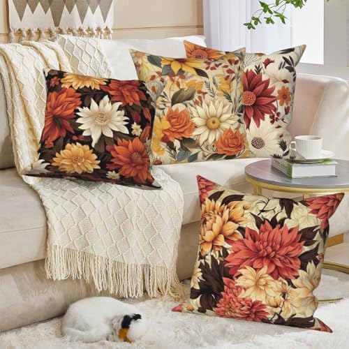 Vintage Floral Throw Pillow Covers 24''x24'' Set of 4, Colorful Flowers Pillow Cases Decorative Printed Cushion Covers for Couch Sofa Bedroom Farmhouse Livingroom Garden Patio Car Outdoor - Image 4