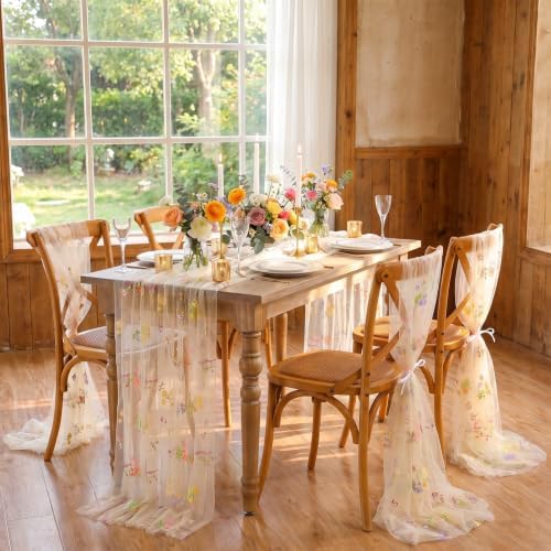QueenDream Beige Apricot Floral Table Runner 10FT Spring with Embroidery Tulle Wildflower - Image 5