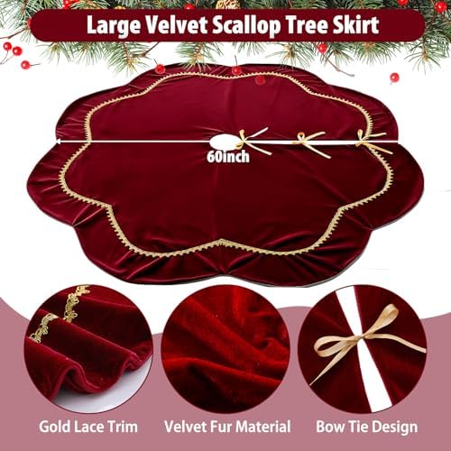 Arrowbash Red 60 Inch Christmas Tree Skirt Velvet Scallop Ddge - Image 2