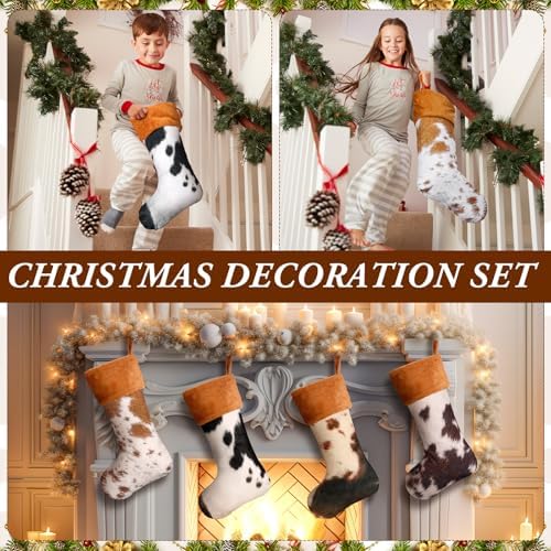 6 Pack Cow Print Christmas Stockings 20 Inch Large Plush Xmas Animal Cuff Stockings Hanging Ornaments Socks for Western Fireplace Mantel Stairway Decorations(Brown Cuff) - Image 3