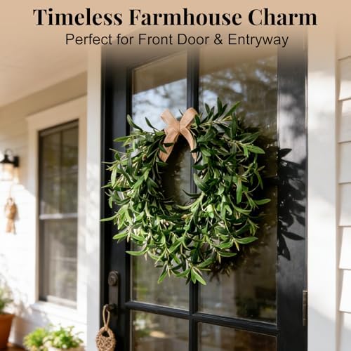 Artificial Olive Wreath for Front Door - 22 Inch Faux Greenery Wreath with Burlap Bow & Olives - Modern Farmhouse Wall Decor, Year Round Spring Summer Wreath for Indoor Outdoor Wedding Entryway - Image 2