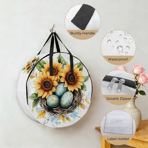 Easter Eggs Nest Round Storage Bag 24 Inch, Watercolor Green Egg Spring Sunflowers Floral Leaf Clothes Storage Container with Handles Heavy Duty Organizer for Comforter, Bedding & Holiday Wreaths - Image 5