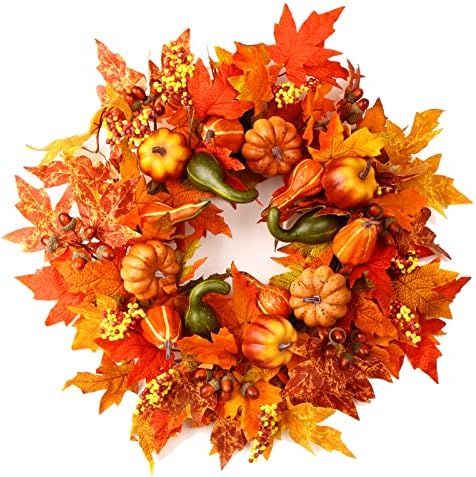 24" Harvest Fall Wreaths for Front Door Outside,Autumn Wreath with Pumpkins by Ecerangus