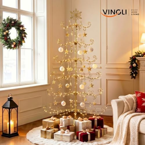 VINGLI 6FT Metal Christmas Ornament Tree, Wrought Iron Display Stand Gold - Image 3