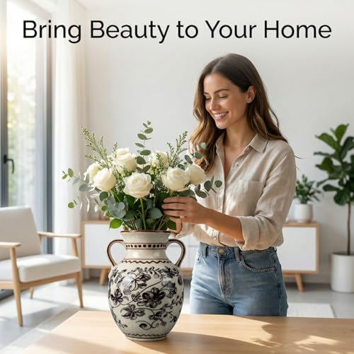 EFISPSS Ceramic Vintage Vase,Chinoiserie Rustic Farmhouse Floral Spring Decor for Home Decor Living Room Fireplace Office, Grey - Image 7