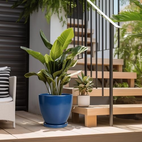 10 Inch Plant Pot - Ceramic Planter with Drainage Hole and Saucer, Modern Flower Pot, Round Planters for Indoor Plants, Home Patio Bathroom Porch Garden Living Room Decor, Blue - Image 5