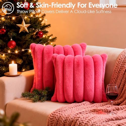 Faux Fur Decorative Throw Pillow Covers 20x20 Set of 2, Rose Red - Image 4