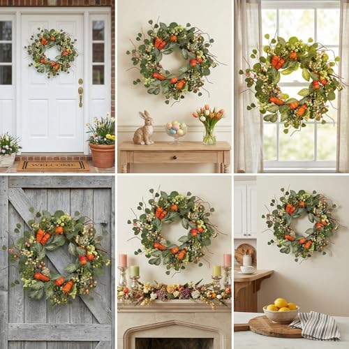 Spring Wreath Artificial Carrot Eucalyptus Wreath 22IN, Orange Green White, Spring Easter Summer Front Door Wall Decor - Image 3