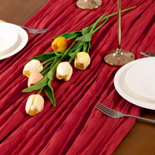 Red Cheesecloth Table Runner Boho Wrinkled Gauze Table Runners - Image 5