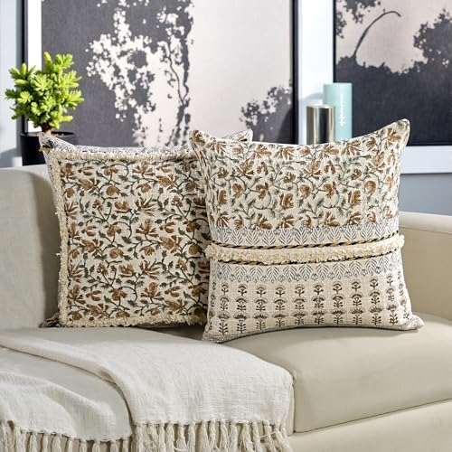 Ridhi Hand Block Print Cotton Throw Pillow Cover, Amber Fern 18x18 Set 2 - Image 5