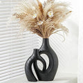 Levvohd XL Black Ceramic Vase Set of 2 for Modern Home Decor, Neutral Boho Round Donut Pampas Grass Vases, Nordic Aesthetic Vase, for Living Room Coffee Table Fire Place Book Style Shelf (H 11.1") by 100hand-madeworks