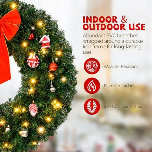VINGLI 30 Inch Christmas Wreath Prelit Front Door Battery LED Decor - Image 3